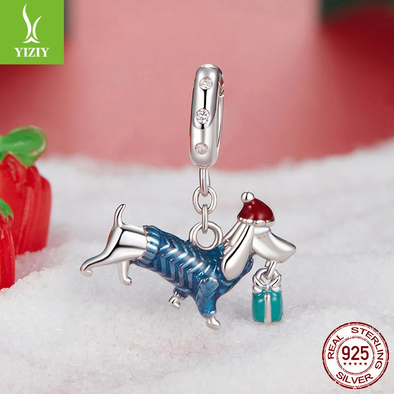 Sterling Silver Dachshund Charm - Festive Christmas Pendant with Colorful  Accents